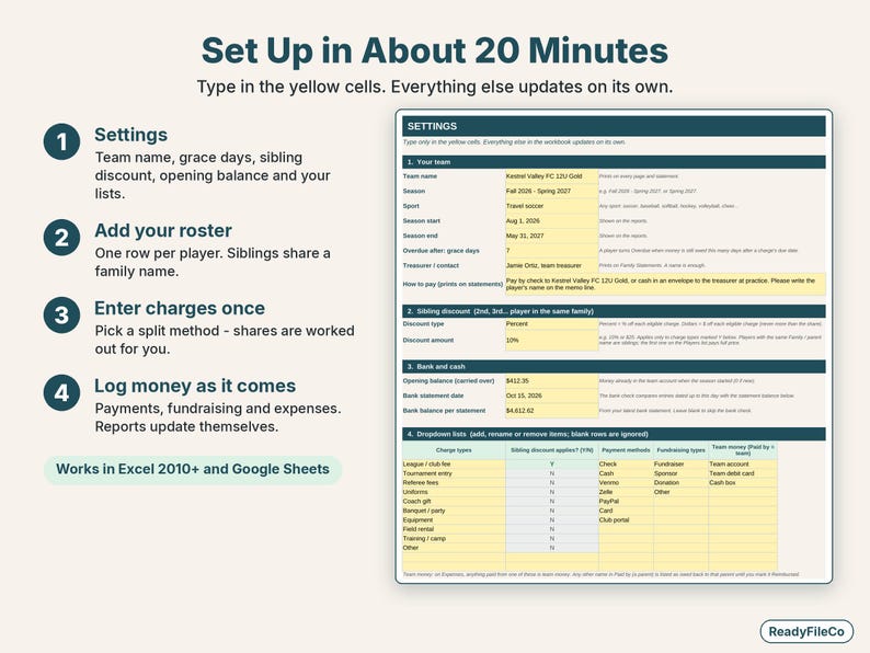 Easy setup in four steps: settings, roster, charges, then log payments, fundraising and expenses