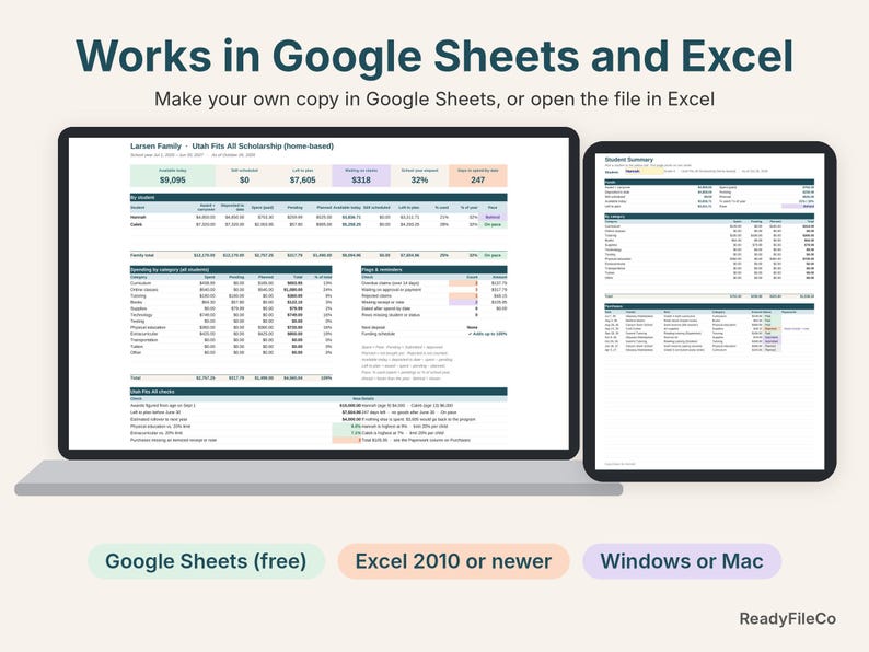 Utah Fits All tracker on a laptop and a tablet, works in Google Sheets and Excel