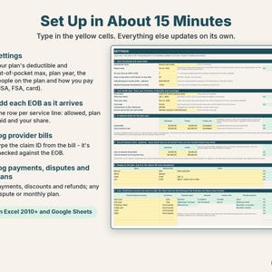 Easy setup in four steps: settings, add each EOB, log provider bills, log payments, disputes and plans