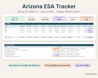 Puede incluir: Una hoja de cálculo digital Arizona ESA Tracker para 2026-27, diseñada para hasta 5 niños. Incluye tablas para financiación, gastos y seguimiento de estudiantes, además de una sección de cheques ESA con plazos y detalles de pago.