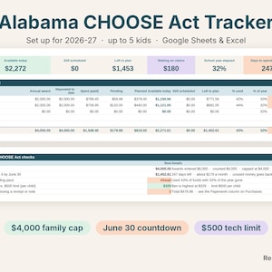 Alabama CHOOSE Act tracker spreadsheet dashboard showing available funds per child and Alabama CHOOSE Act checks