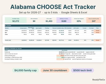 Puede incluir: Una hoja de cálculo digital de seguimiento Alabama CHOOSE Act para Google Sheets y Excel, con un panel de control que incluye resúmenes financieros para 5 niños, tablas de gastos por estudiante y una lista de control de límites familiares.