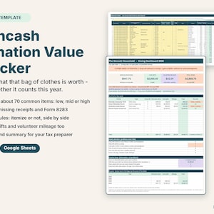 May include: A digital Noncash Donation Value Tracker template for Excel and Google Sheets. The interface displays a Giving Dashboard 2026 with tables, charts, and summary data for tracking charitable donations, mileage, and tax-related itemisation.