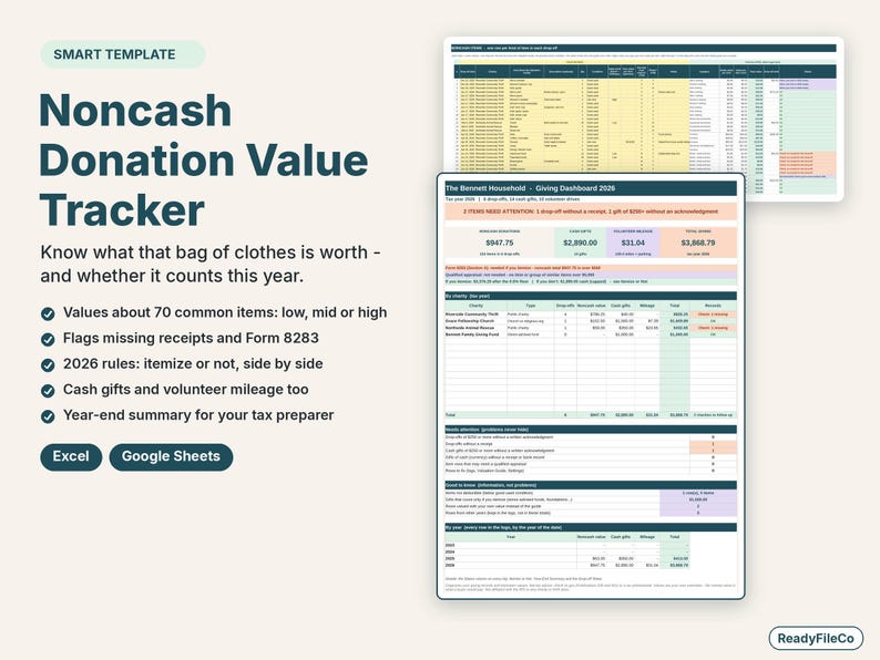 Noncash donation value tracker spreadsheet with a giving dashboard and an item-by-item donation log