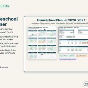 Homeschool planner with year-at-a-glance calendar and a dashboard showing each child's finish date