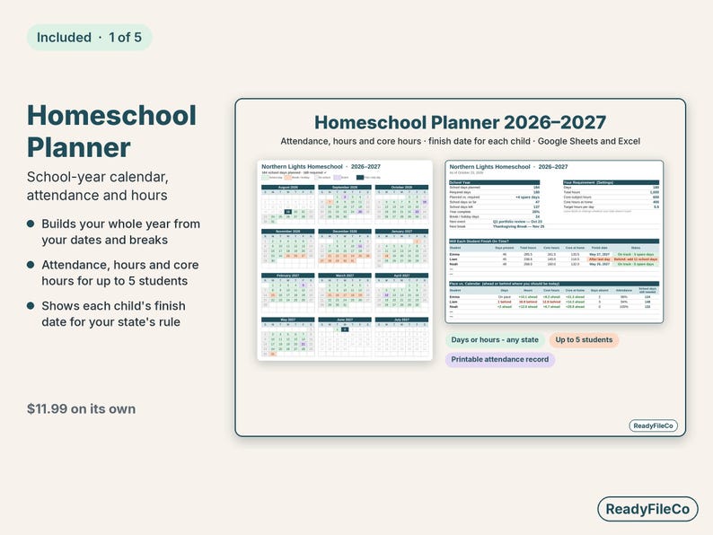 Homeschool planner with year-at-a-glance calendar and a dashboard showing each child's finish date