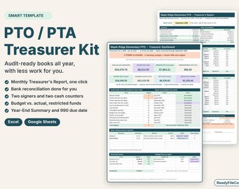 Puede incluir: Un kit de tesorero PTO/PTA como plantilla digital para Excel y Google Sheets. El documento muestra un panel y un informe de tesorería para Maple Ridge Elementary, con tablas financieras, comprobaciones de auditoría y presupuestos.