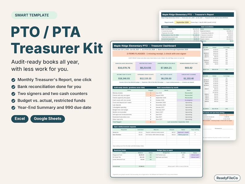 PTO and PTA treasurer spreadsheet with an audit-ready dashboard and a one-page monthly treasurer's report