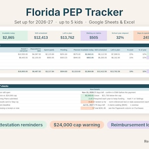 Florida PEP tracker spreadsheet dashboard showing available funds per child and Florida PEP checks