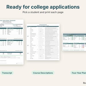 Printable homeschool transcript, course descriptions and four-year plan pages