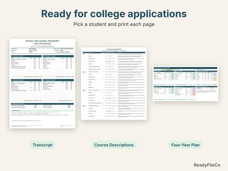Printable homeschool transcript, course descriptions and four-year plan pages