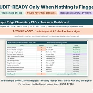 Close-up of 12 audit-ready checks and the reconciliation status by month, with 2 example items flagged