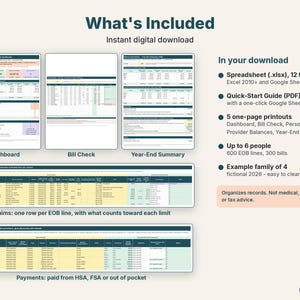 What's included: dashboard, bill check, year-end summary, claims log and payments log in the medical bill tracker