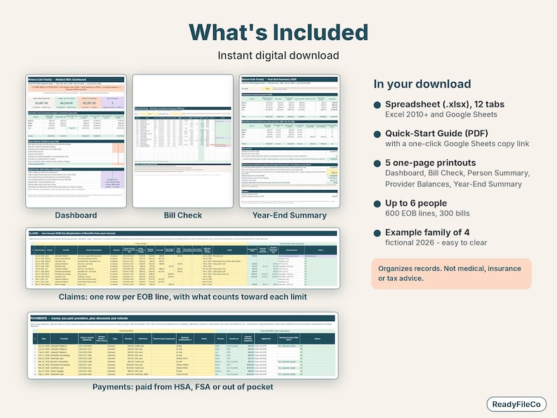 What's included: dashboard, bill check, year-end summary, claims log and payments log in the medical bill tracker