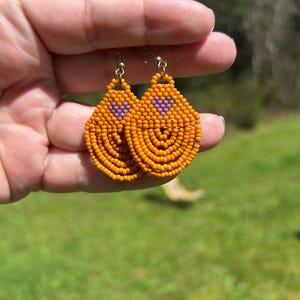 Mustard Yellow Purple Heart Earrings-  Large Miyuki Seed Bead Beaded Dangle Earrings