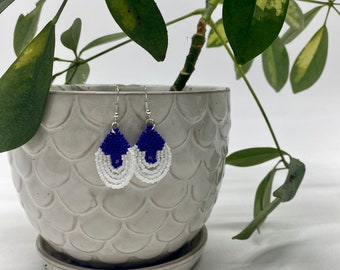White Blue Modern Tribal Design Miyuki Seed Bead Beaded Dangle Earrings Teardrop