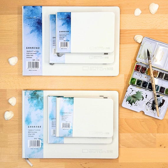 Leyton Carnet d'Aquarelle Format de Voyage, 3 tailles, Handbook 100% coton, 300g, Grain Fin, 20 feuilles, pressé à froid, qualité artiste