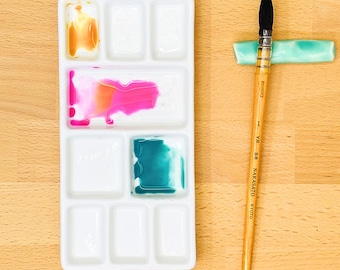 My Rock Way Ceramic Watercolor Paint Palette, Waffle Design, Rectangular, 9 Slots, Handmade Porcelain Gift for Artists