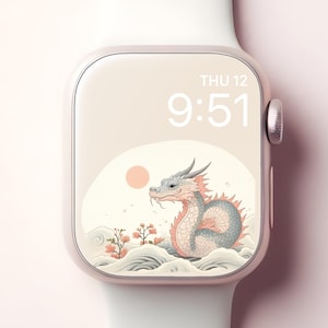 Sfondo carino per Apple Watch con drago, quadrante per smartwatch con arte giapponese, sfondo per iWatch con capodanno cinese, screensaver con estetica femminile