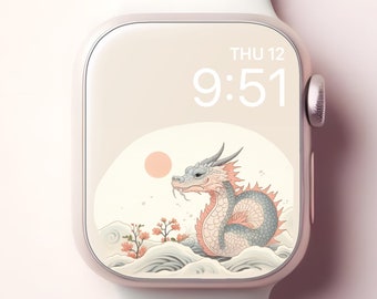 かわいいドラゴンの Apple Watch 壁紙、日本のアート スマートウォッチの文字盤、中国の旧正月の iWatch 背景、女性らしい美的スクリーンセーバー