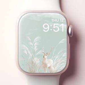 Sfondo con cervi per Apple Watch, quadrante minimalista per smartwatch con arte giapponese, elegante sfondo naturale per iWatch, design estetico femminile color menta pastello