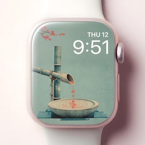 Sfondo per Apple Watch con fontana di bambù, quadrante tradizionale giapponese zen per smartwatch, sfondo personalizzato per iWatch con tempio, design estetico minimale