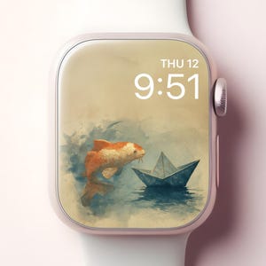 Sfondo con pesce koi per Apple Watch, elegante quadrante per smartwatch con arte giapponese, sfondo con barchetta di carta ad acquerello per iWatch, design estetico minimalista