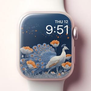 Peacock Apple Watch Wallpaper, Elegant Vintage Japanese Bird Smartwatch Face, Artistic iWatch Floral Background, Dark Aesthetic Design