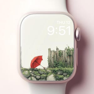 Sfondo con ombrello rosso per Apple Watch, quadrante rustico giapponese vintage per smartwatch, sfondo in legno per iWatch, splendido design estetico naturale