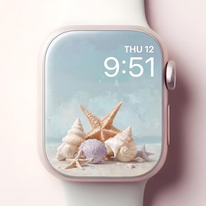 Sfondo a conchiglia per Apple Watch, elegante quadrante giapponese per smartwatch con spiaggia, sfondo minimalista per iWatch con oceano, design estetico per le vacanze estive