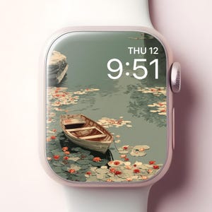 Sfondo minimalista per Apple Watch, quadrante per smartwatch con arte giapponese di un peschereccio d'epoca, sfondo naturale con loto per iWatch, design estetico elegante