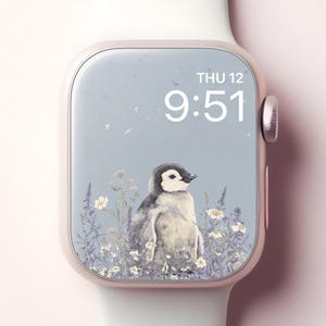 Sfondo con un simpatico pinguino per orologio, adorabile quadrante con fiori giapponesi per smartwatch, affascinante sfondo floreale per iWatch con un uccello, design con estetica pastello