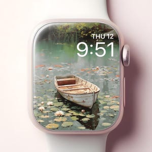 Sfondo acquerello per Apple Watch, quadrante per smartwatch con barca giapponese pacifica, sfondo panoramico con loto naturale per iWatch, design estetico minimalista