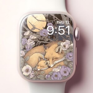 Sfondo per Apple Watch con la famiglia di volpi, grazioso quadrante per smartwatch con arte giapponese, sfondo floreale per iWatch con boschi, design estetico vintage accogliente