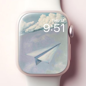 Sfondo di aeroplanino di carta per Apple Watch, quadrante rilassante del cielo giapponese per Smartwatch, sfondo artistico minimalista per iWatch, design estetico pastello