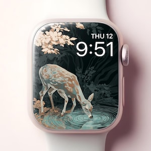 Sfondo di cervi per Apple Watch, quadrante di cervi giapponesi per smartwatch, sfondo artistico della foresta per iWatch, dipinto di design estetico naturalistico