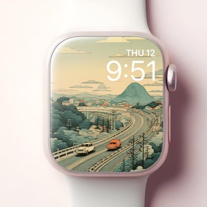 Fondo de pantalla de Apple Watch de Car Highway, cara de reloj inteligente de arte japonés, fondo de iWatch de la cordillera, salvapantallas oriental, estética de otoño