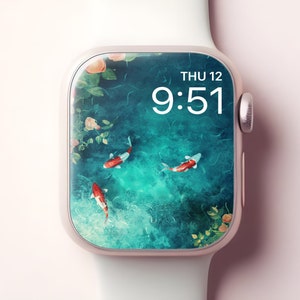 Sfondo di Apple Watch con stagno Koi, quadrante smartwatch sereno giardino giapponese, sfondo tranquillo della natura Zen iWatch, design estetico acqua verde