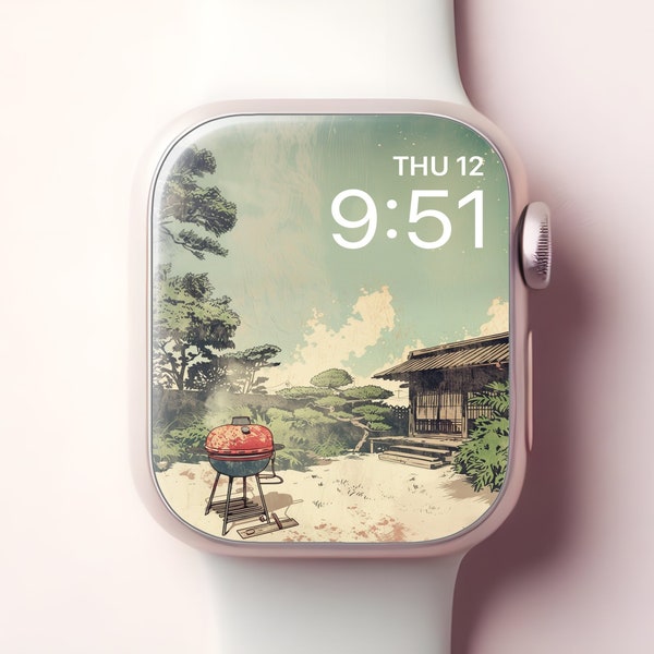 Barbecue Apple Watch Wallpaper, Traditional Japanese Scenery Smartwatch Face, Sage Green Vintage iWatch Background, Rustic Zen Aesthetic