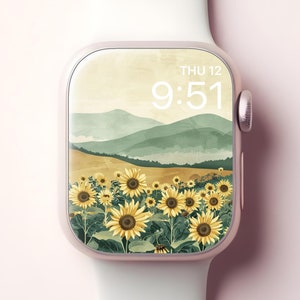 Carta da parati a forma di girasole, Apple Watch, quadrante smartwatch con paesaggio montano giapponese, sfondo naturale iWatch floreale, design estetico floreale