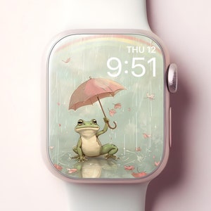 Carta da parati carino con rana e Apple Watch, elegante quadrante con arte giapponese, sfondo ombrello iWatch piovoso, design estetico minimalista e stravagante