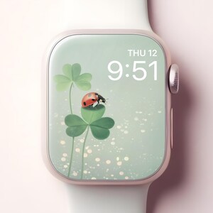 Sfondo con coccinella per Apple Watch, simpatico quadrante giapponese per smartwatch, sfondo con trifoglio per iWatch, elegante design estetico con menta e buona fortuna