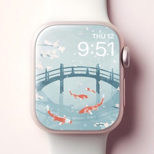 Carta da parati Koi Fish Apple Watch, elegante quadrante smartwatch d'arte giapponese, sfondo blu sereno dell'acqua iWatch, estetica femminile minimalista