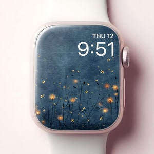 Carta da parati Firefly per Apple Watch, elegante quadrante con natura giapponese, sfondo floreale iWatch scuro, design estetico minimalista con una notte d’estate
