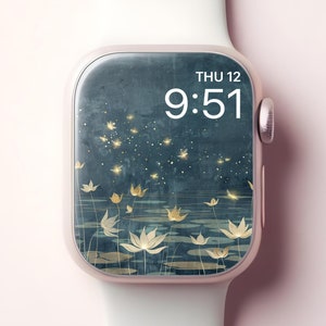 Carta da parati lucciole con Apple Watch, quadrante smartwatch con loto giapponese sereno, sfondo naturale iWatch con notte d’estate, elegante design estetico zen