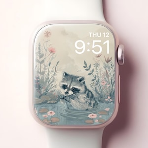 かわいいアライグマの Apple Watch 壁紙、日本の自然のスマートウォッチの文字盤、かわいい iWatch の動物の花の背景、パステル調の花の美しいデザイン