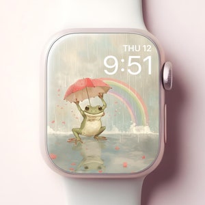 Sfondo con rana piovosa per Apple Watch, adorabile quadrante per smartwatch giapponese, sfondo kawaii con ombrello arcobaleno per iWatch, estetica elegante e stravagante