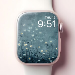 Carta da parati per Apple Watch lucciola e fiore, quadrante dello smartwatch con arte giapponese sognante, sfondo floreale iWatch minimale, schermo con estetica pastello