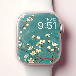 Carta da parati floreale per Apple Watch, elegante quadrante giapponese Sakura Smartwatch, sfondo verde acqua iWatch Blossom, design estetico sereno e femminile