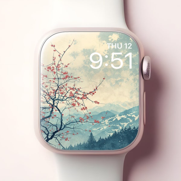 Spring and Winter Apple Watch Wallpaper, Japanese Hokusai Art Smartwatch Face, Snow Mountains iWatch Background, Elegant Aesthetic Decor